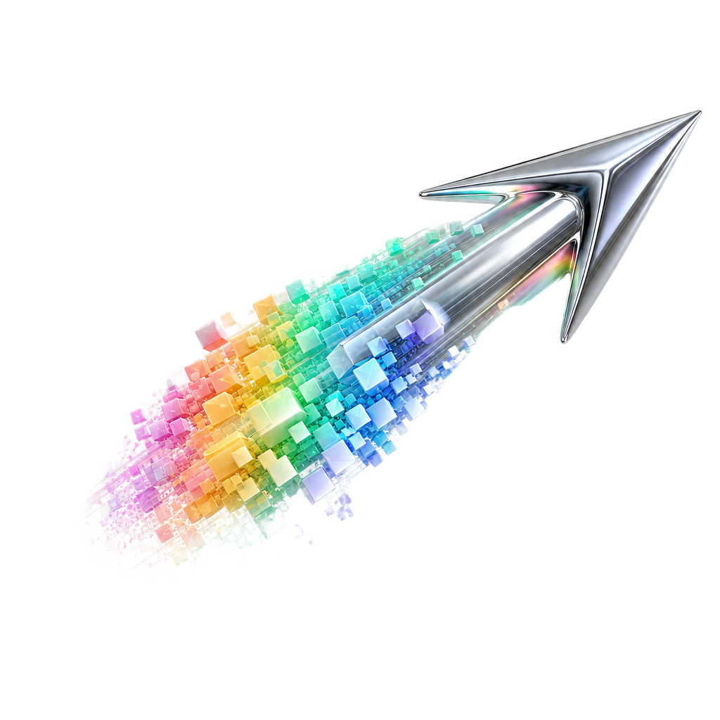 Silver arrow streaking forward through a pixelated rainbow trail — fast, modern web design